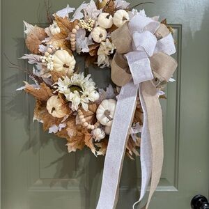 White Pumpkin & Sunflower Fall Wreath with Burlap and Beads